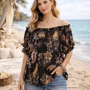 Cato Womens Top Plus 22W Brown Colorful Floral Pleated Peasant Western Boho